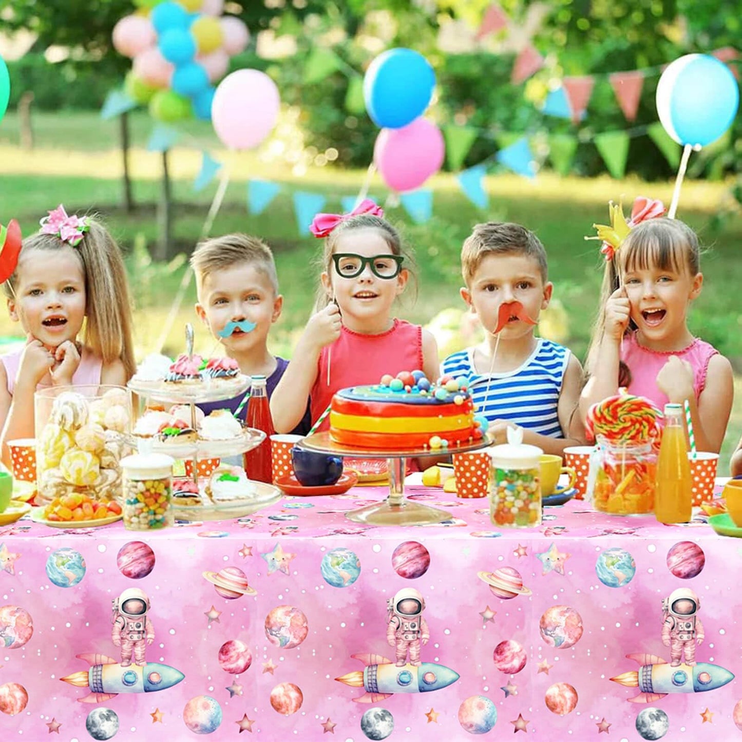 4 Pieces Outer Space Girls Birthday Table Cloth 54'' x 108'' Pink Space Table Covers for Astronauts Theme Girls Baby Shower 1st 2nd 3rd 4th 5th