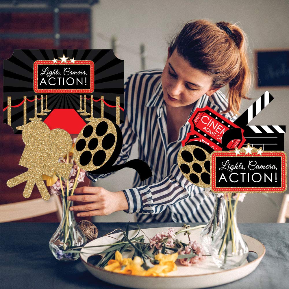 Big Dot of Happiness Red Carpet Movie Night - Premium Table Centerpiece Set, Double-Sided Printed Cardstock Toppers, Celebration Decor Kit - 35 Pieces