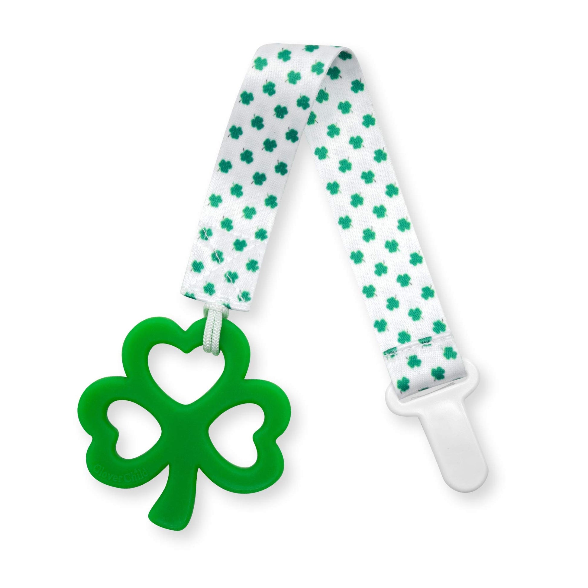 Clover Child Irish Baby Teething Toy - Shamrock Clover Teether & Pacifier Clip- Multi Textured, Soft, BPA Free Silicone