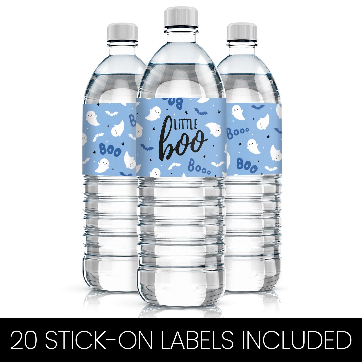 Blue Little Boo Ghost Boy Baby Shower Water Bottle Labels, 20 Count