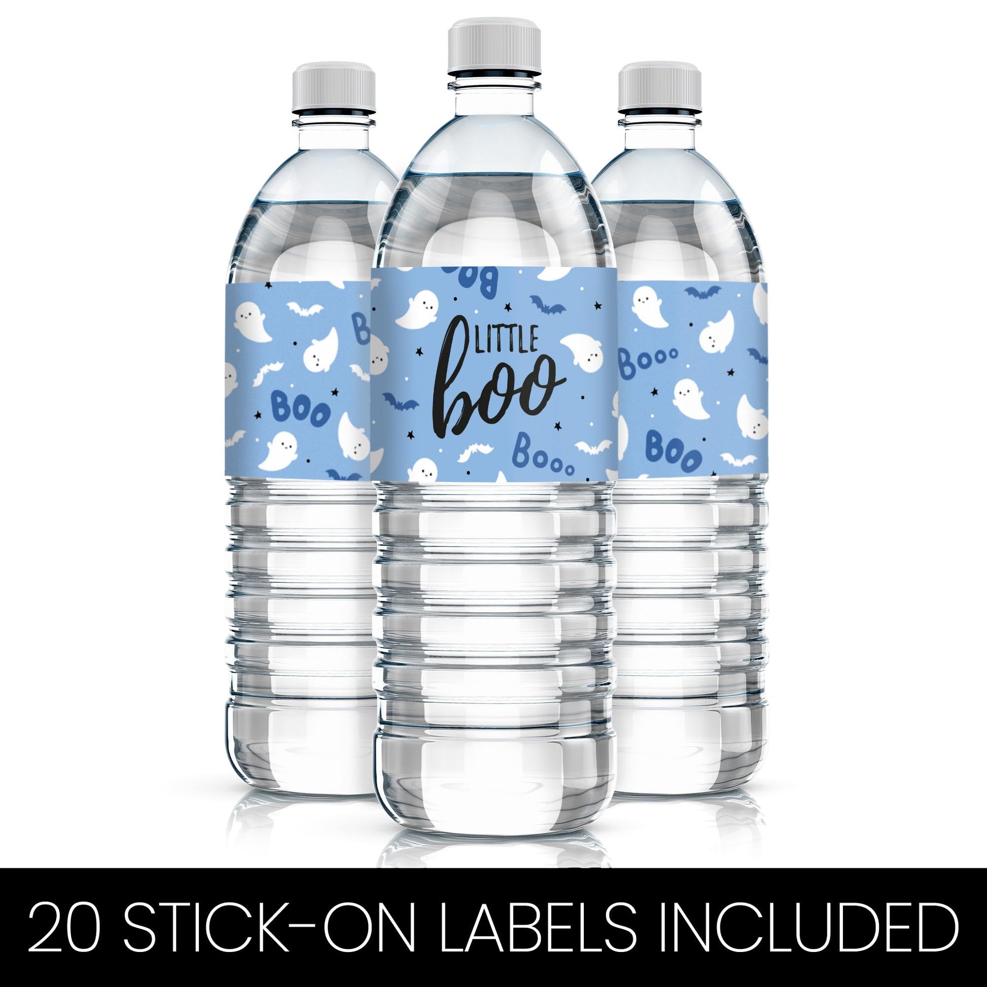 Blue Little Boo Ghost Boy Baby Shower Water Bottle Labels, 20 Count