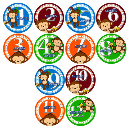 Baby Monthly Stickers | BOY Jungle Monkey Baby Milestone Sticker | Infant Newborn Boy Photo Prop | Month Bodysuit Stickers for Babies | Cute Safari