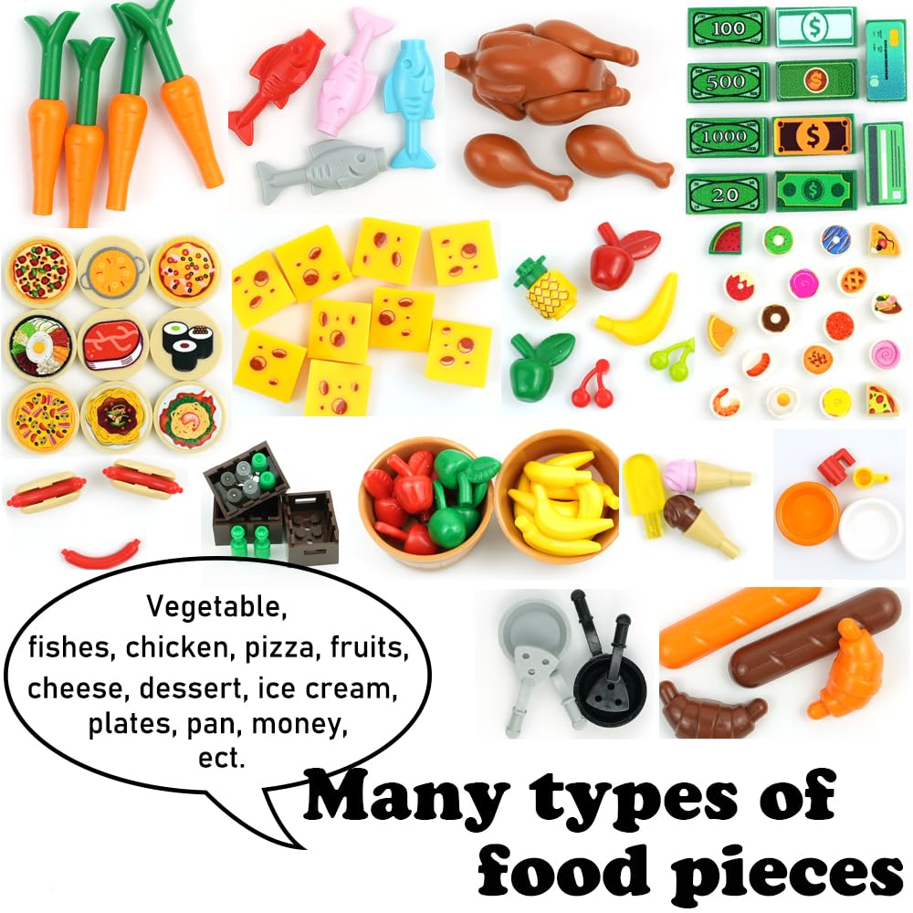 BroTex 200+pcs Food Building Blocks Accessories, City Friends Kitchen Bricks Sets, DIY Restaurant Picnic Building kit Compatible All Major Brands