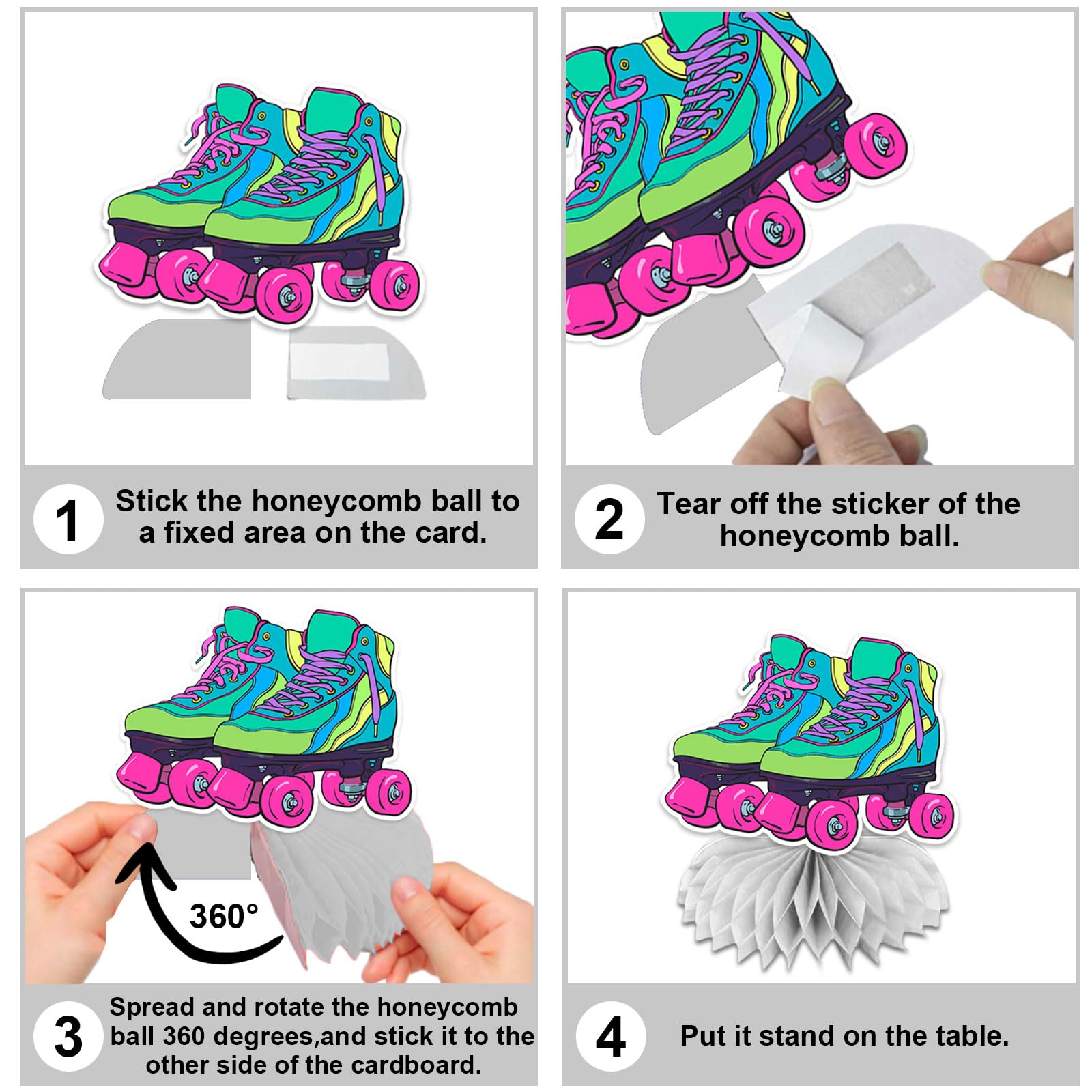 Roller Skates Honeycomb Centerpieces Retro Hip Hop Roller Skating Theme Decor for Girls Teens Baby Shower Neon Rainbow Glow Party Roller Skating Party