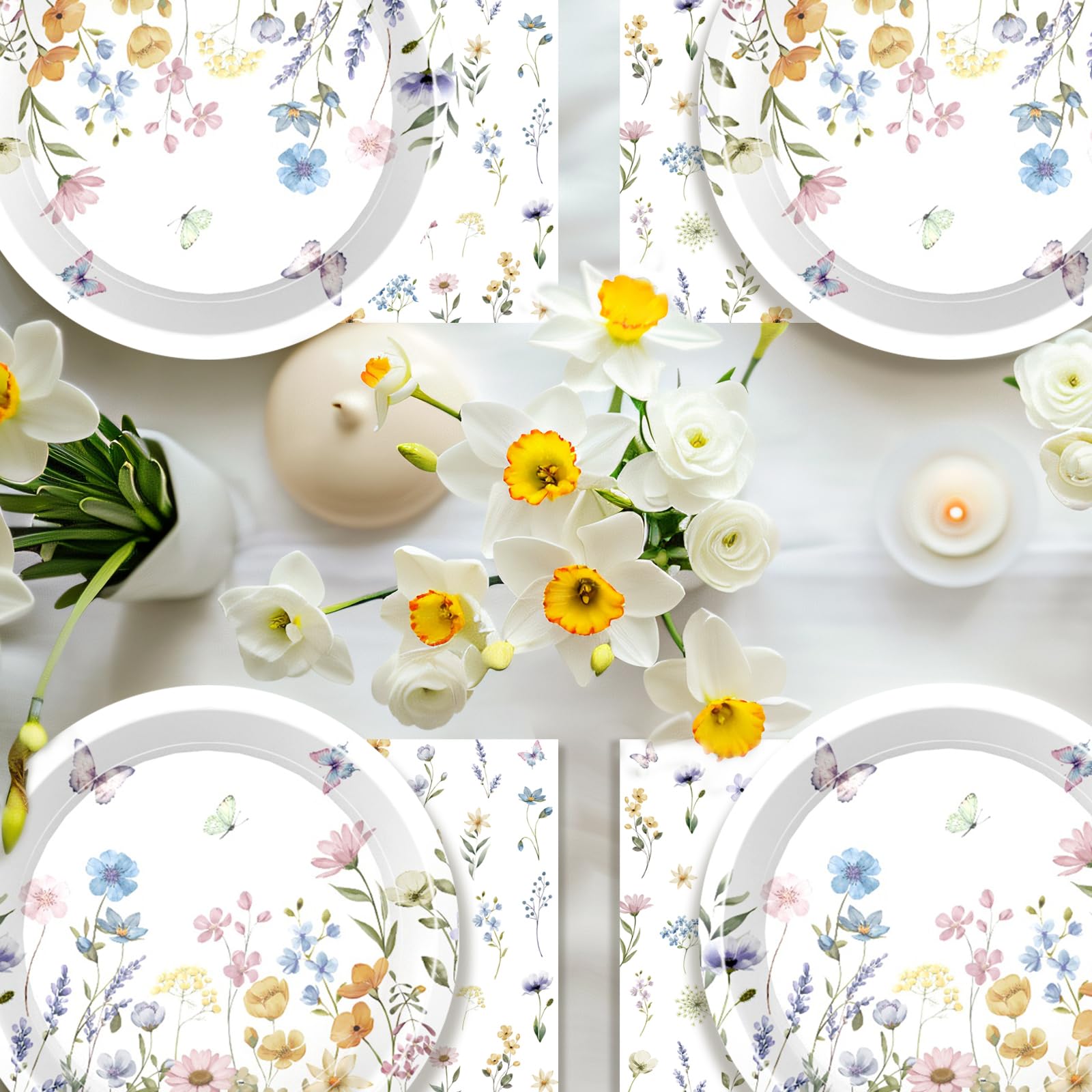 Wildflower Party Supplies Spring Floral Party Supplies Tableware with Wildflower Plates Napkins Cups Tablecloth Banner for Girls First Birthday Floral