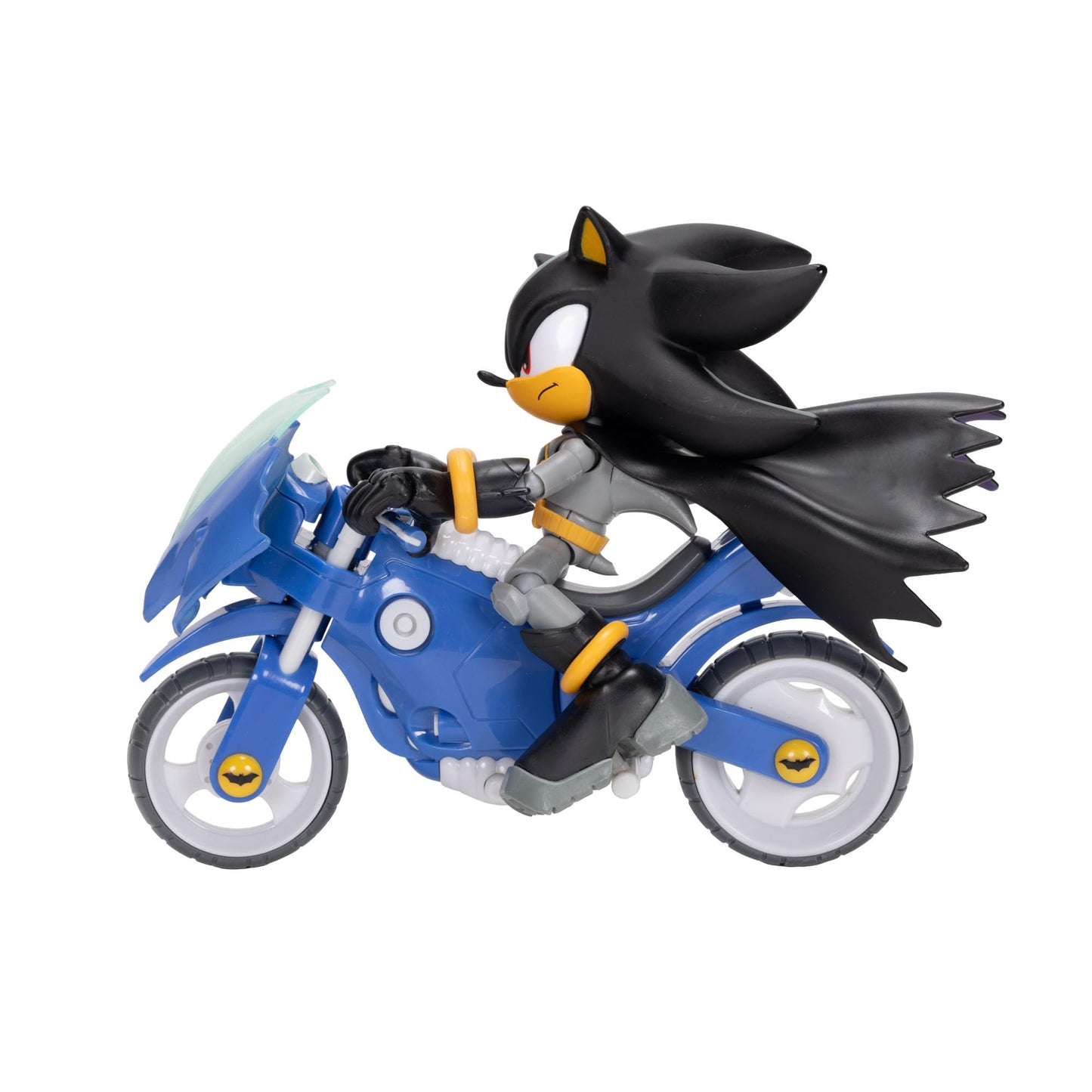 Sonic The Hedgehog DC x Sonic Shadow as Batman & Batcycle Action Figure Set, 5"/13cm, 22 Points of Articulation, Moving Wheels, Working Kickstand