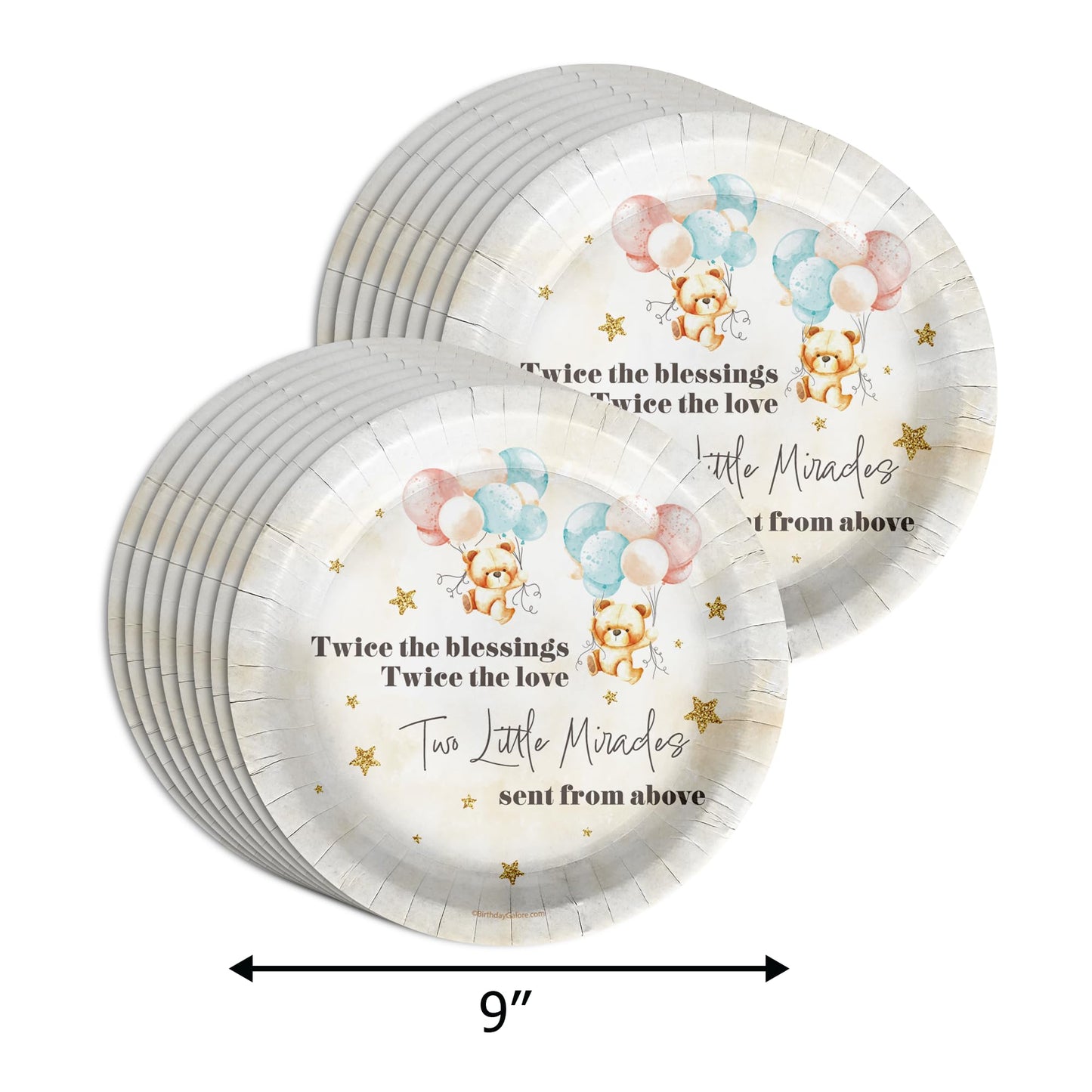 Birthday Galore Twin Teddy Bears Party Supplies - 64 Piece Twins Baby Shower Tableware Set Includes Large 9" Dinner Plates and 8" Dessert Paper Plates