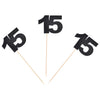15th Birthday Centerpiece Sticks Black Glitter Number 15 Party Table Toppers Flower Picks Anniversary Party Supplies - Pack of 10