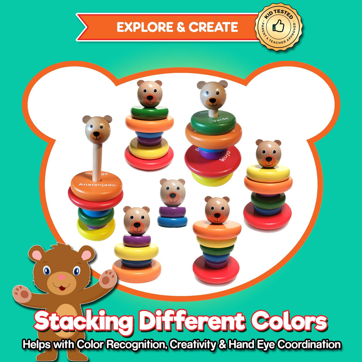 KIDS KORNER Baby Toys Wooden Stacking Rings - Bilingual Educational Toys for 2 Year Old | Learn Rainbow Colors in English & Spanish | Wood Building