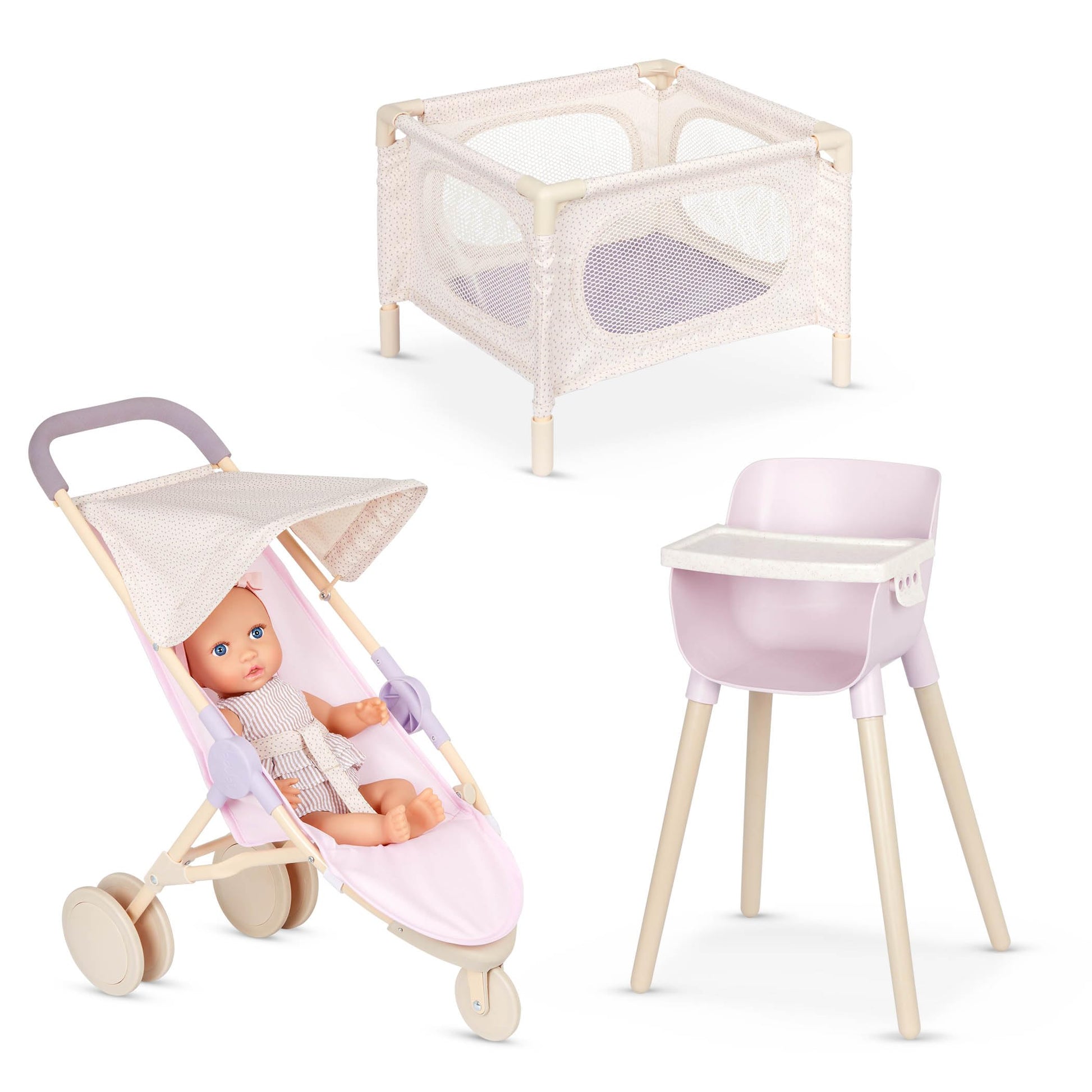 LullaBaby - 14-Inch Realistic Baby Doll & Accessory Bundle - Fair Skin Tone & Blue Eyes - Baby Doll Nursery Care Set - High Chair, Playpen & Jogger
