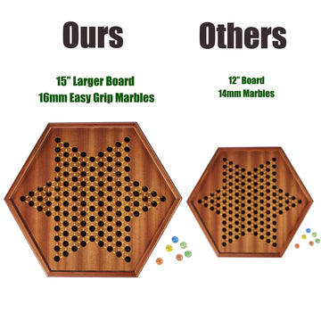 VAMSLOVE Chinese Checkers 15" Large Upgraded Version Wooden Game Board, 16mm 60+12 Colorful Glass Marbles, Easy Grasping for Adults and Kids