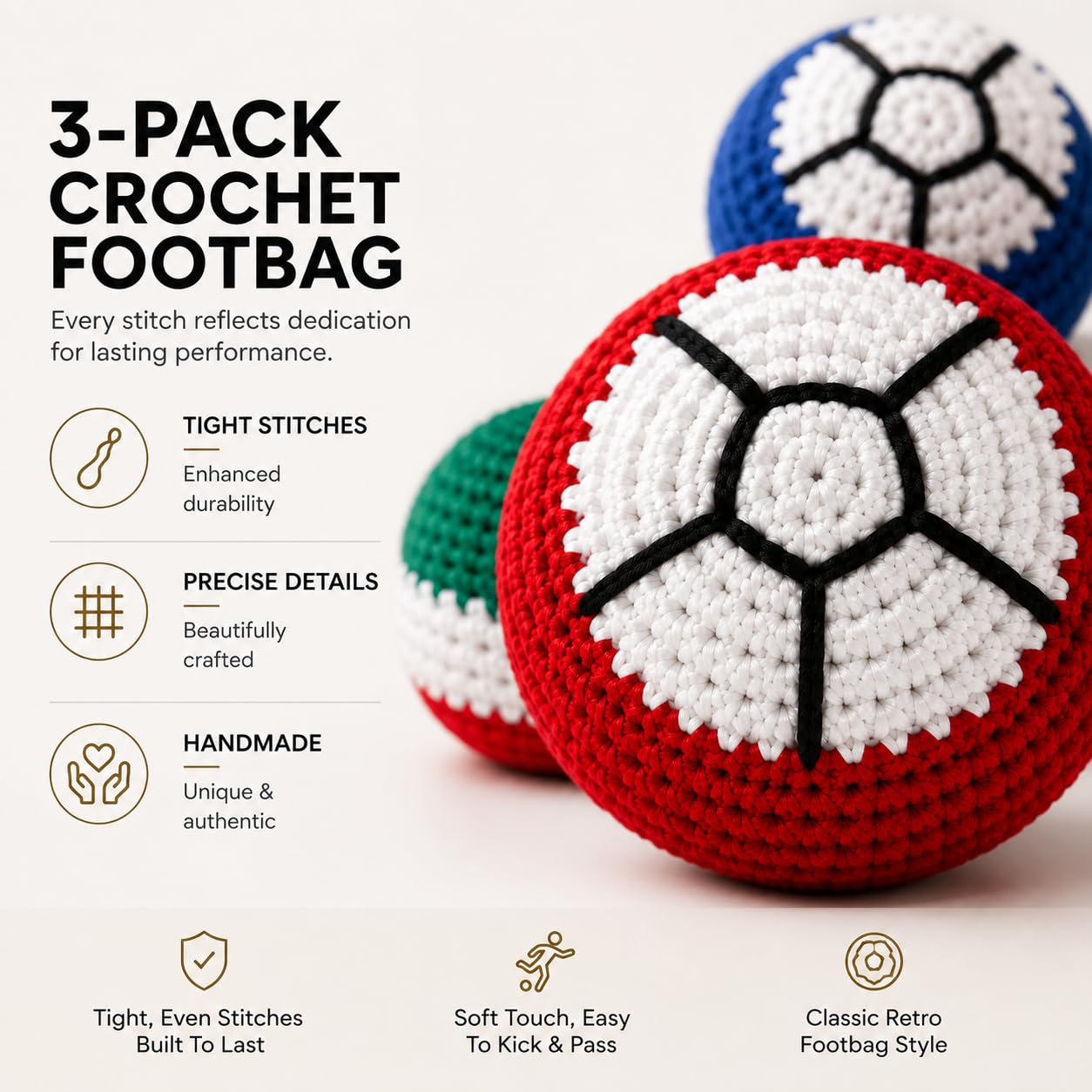 Crochet Footbags 3 Pack Durable Woven Cotton Hacky Kick Sack Juggling Balls
