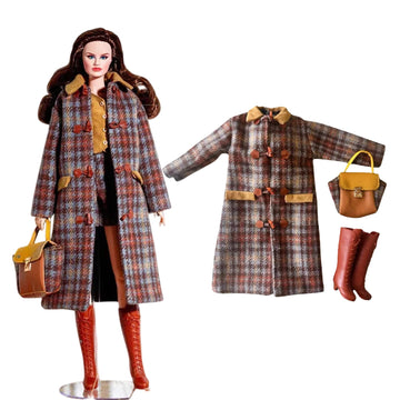 AQQeenmiu Luxury Doll Clothes Set, Plaid Winter Coat with Handbag and Boots, for 11.5-12 inch Fashion Dolls, Brown Tartan Pattern