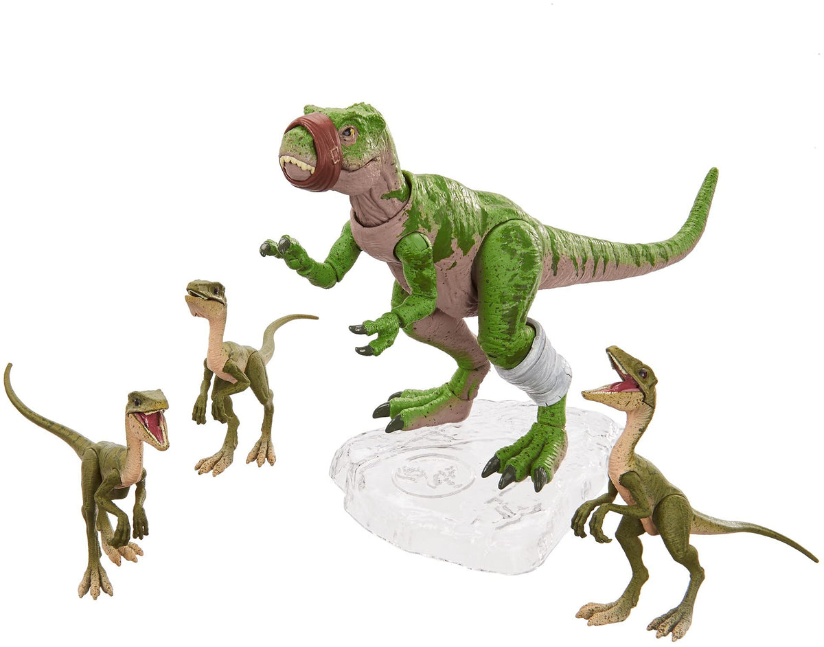 Jurassic World Toys Amber Collection Baby T Rex & 3 Compsognathus Compy Dinosaur Figures Jurassic Park II Toy with Posable Joints, Authentic Look &