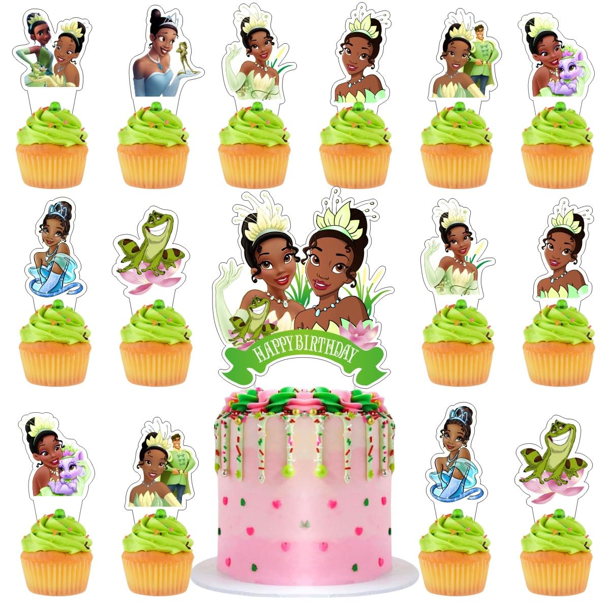 25Pcs Princess Frog Cake Decorations with 24pcs Cupcake Toppers 1pcs Cake Topper for Tiana Birthday Party Supplies