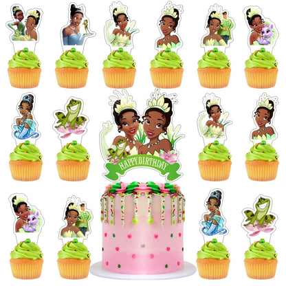 25Pcs Princess Frog Cake Decorations with 24pcs Cupcake Toppers 1pcs Cake Topper for Tiana Birthday Party Supplies