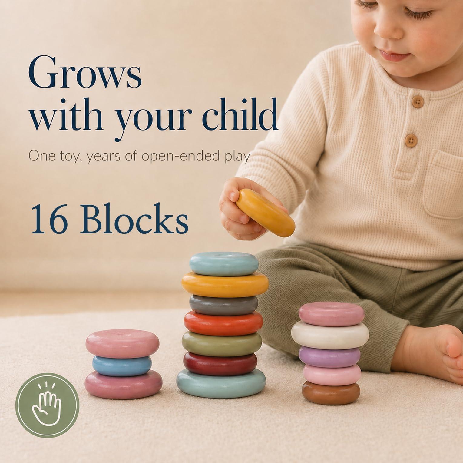 Rainbow Stones Wooden Stacking Rocks for kids 2-4, 16 PCS Montessori Waldorf Toys for 3 4 5 6 Year Old, Balancing Stones, Stacking Building Blocks