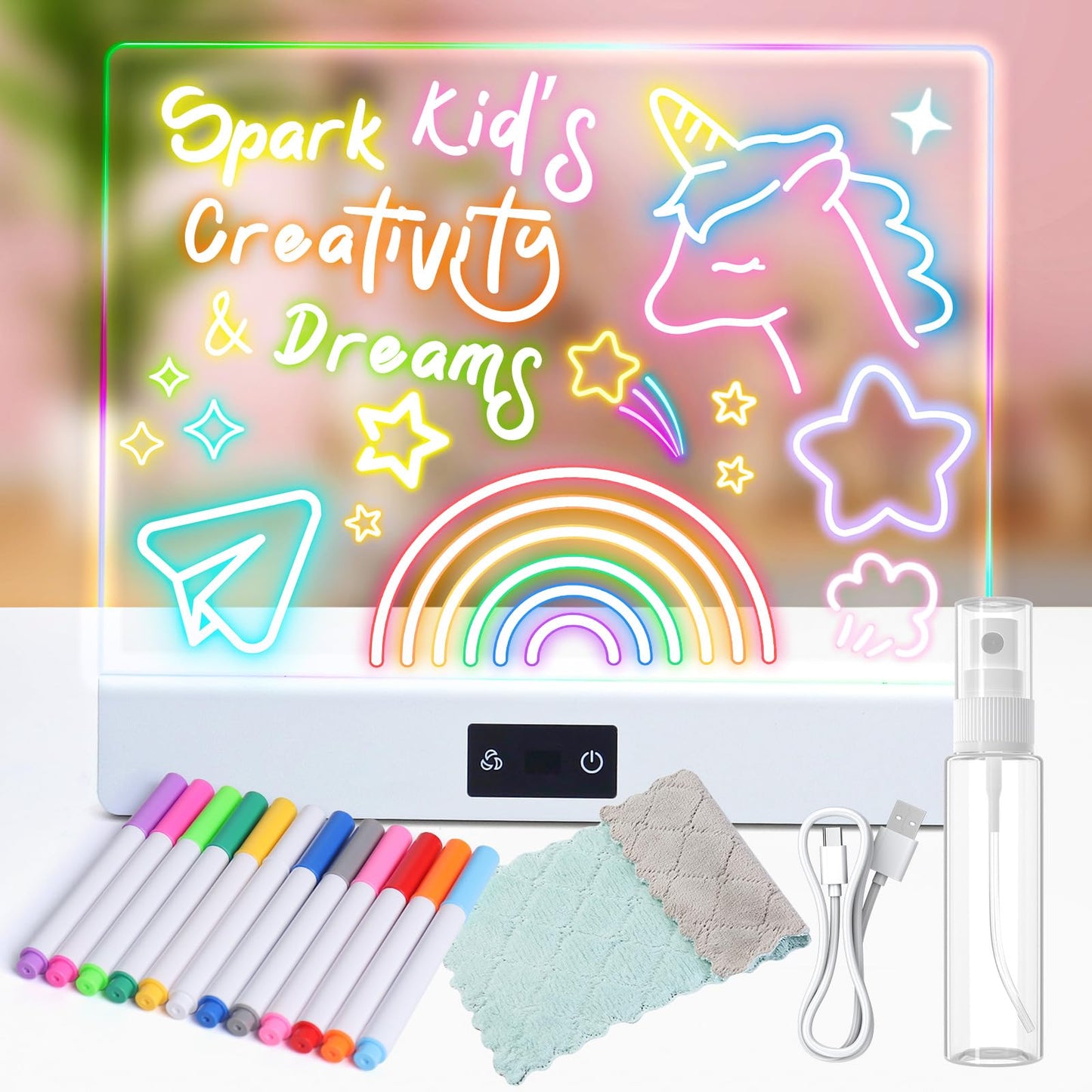 16" Rechargeable Led Drawing Board for Kids, 3 Modes & 8 Colors Glow Doodle LED Note Board, Neon Light Up Dry Erase Board with Built-in Stand, Girls