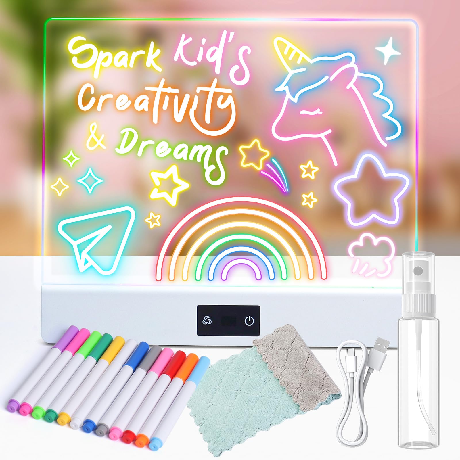 16" Rechargeable Led Drawing Board for Kids, 3 Modes & 8 Colors Glow Doodle LED Note Board, Neon Light Up Dry Erase Board with Built-in Stand, Girls