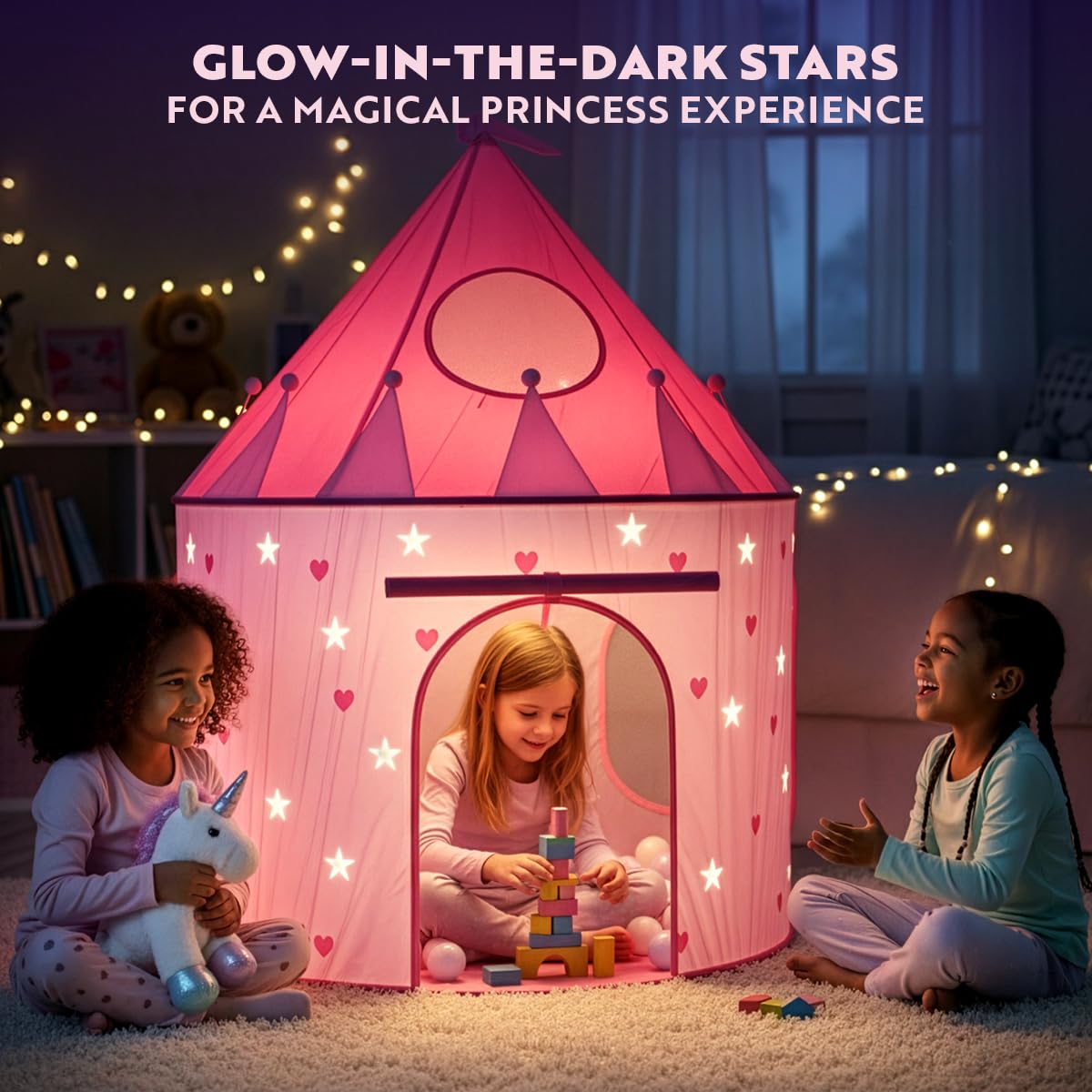 Playz 5pc Princess Castle Play Tent for Kids Glow in Dark Pink Princess Pit