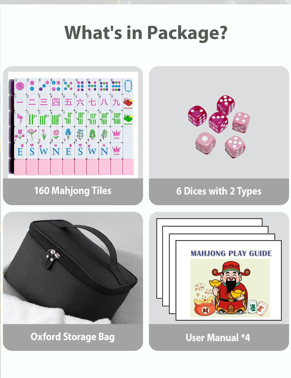 HYZYey Mahjong Tile Set American 160 Acrylic Engraved Mah Jongg Game Tiles with Bag 6 Dice Accessories Gifts for Majong Players Beginners (Pink