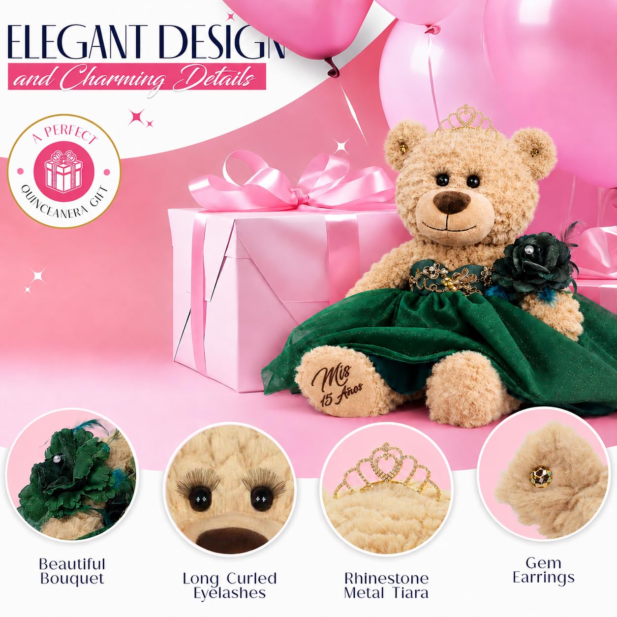 KINNEX COLLECTIONS SINCE 1997 20" Quince Anos Quinceanera Last Doll Teddy Bear with Dress (Centerpiece) ~ ARC16832-30R (Rose Gold)