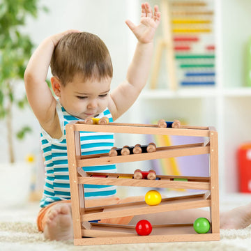 Qilay Wooden Race Track Car Ramp Racer Toy for Toddlers, 5 Level Race Car Ramp Toy Set Includes 4 Wood Cars and 3 Balls,Great Building Learning Toys