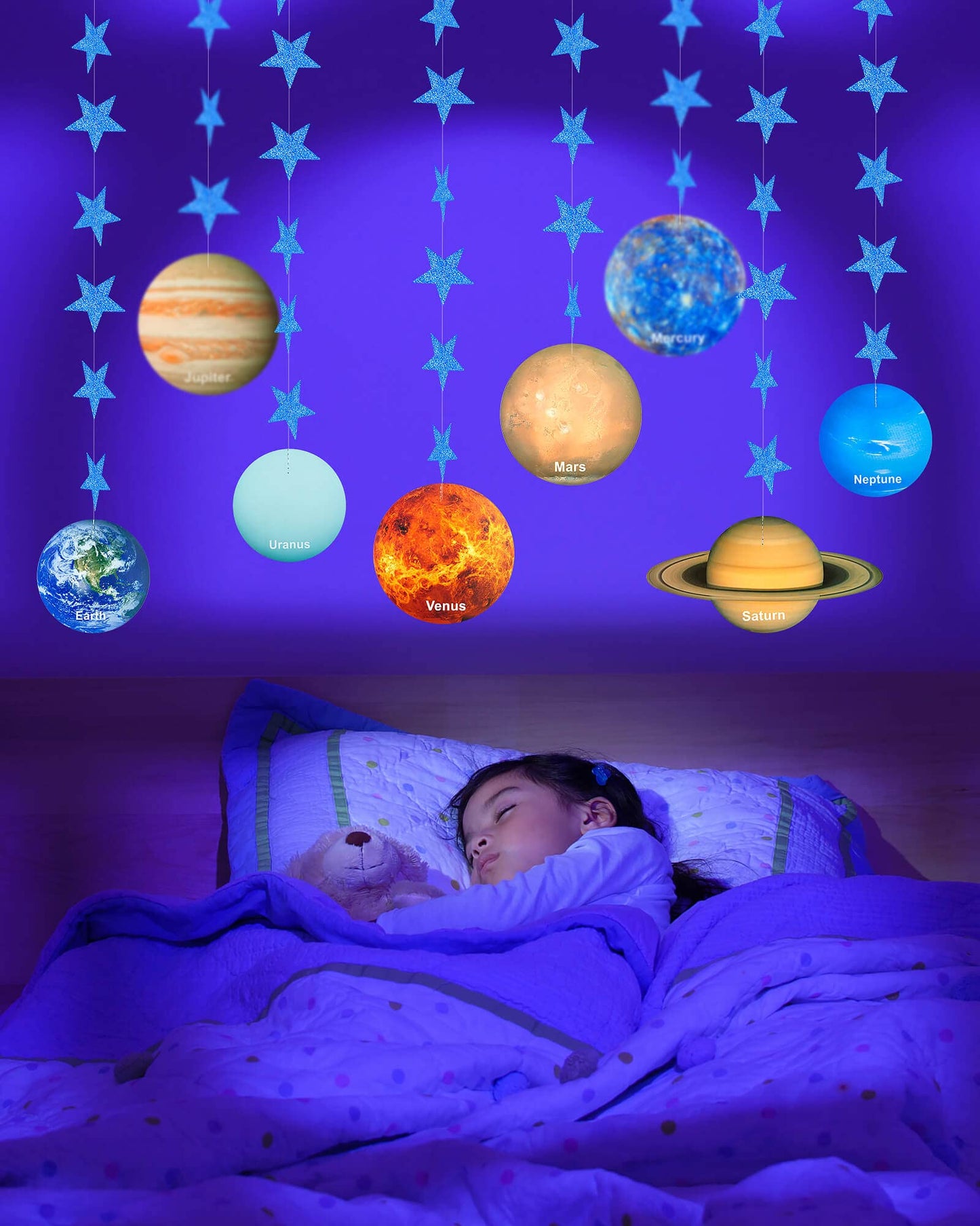 Solar System Decoration Banner, Eight Planet Garland with Blue Shimmer Star