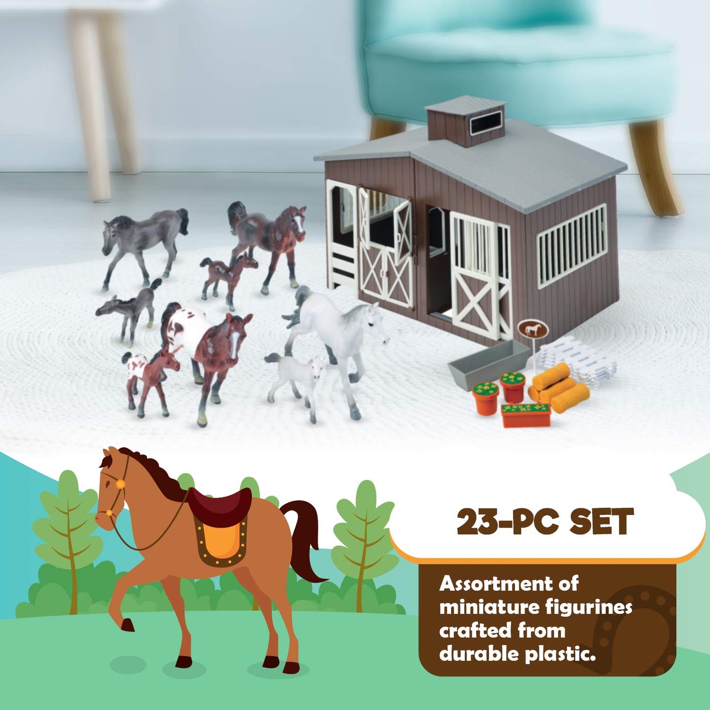 Constructive Playthings Deluxe Toy Horse Stable Playset with 8 Horse Toys and Accessories, BPA-Free Farm Set, Use and Birthday Gifts, Brown, 23 pc