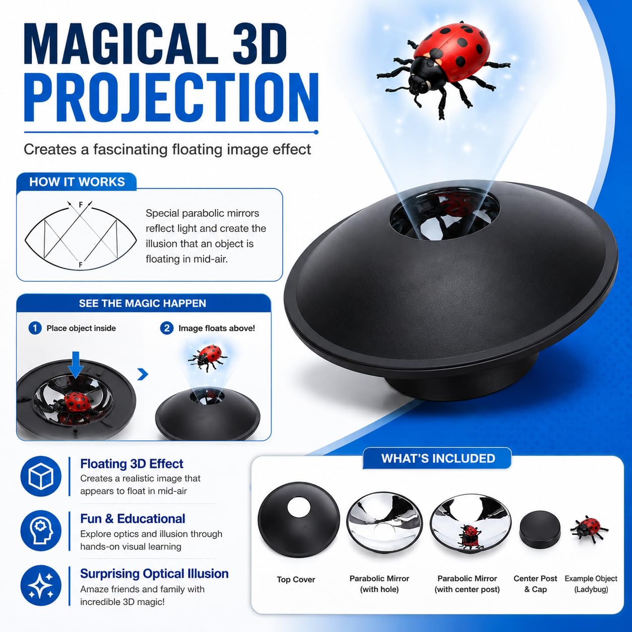 5.9" 3 D Mirascope, Optical Illusion Maker, Optical Illusions, 3-D Effect Toy, Hologram Image Projection, for Kids Home School Classroom
