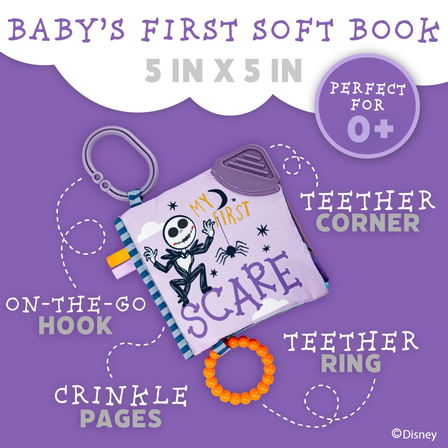 Kids Preferred Disney Nightmare Before Christmas My First Scare Jack Skellington Soft Book Baby Teething Crinkle Book with On-The-Go Clip, Crinkle