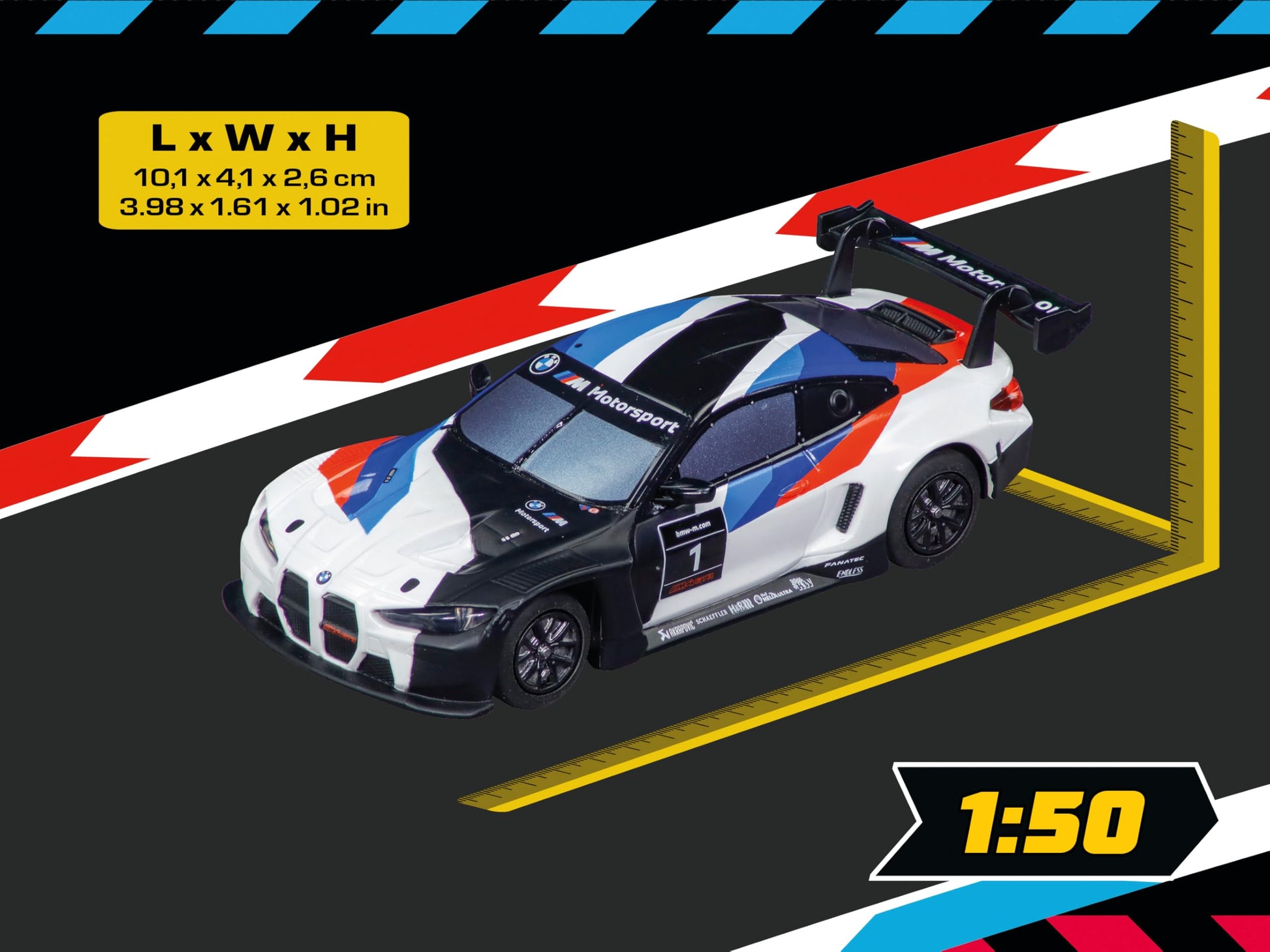 Carrera Hybrid Racing Car BMW M4 GT3 BMW M Motorsport, No.1 1:50 Scale Front and Rear Lights USB-C Rechargeable RC Additional Vehicle