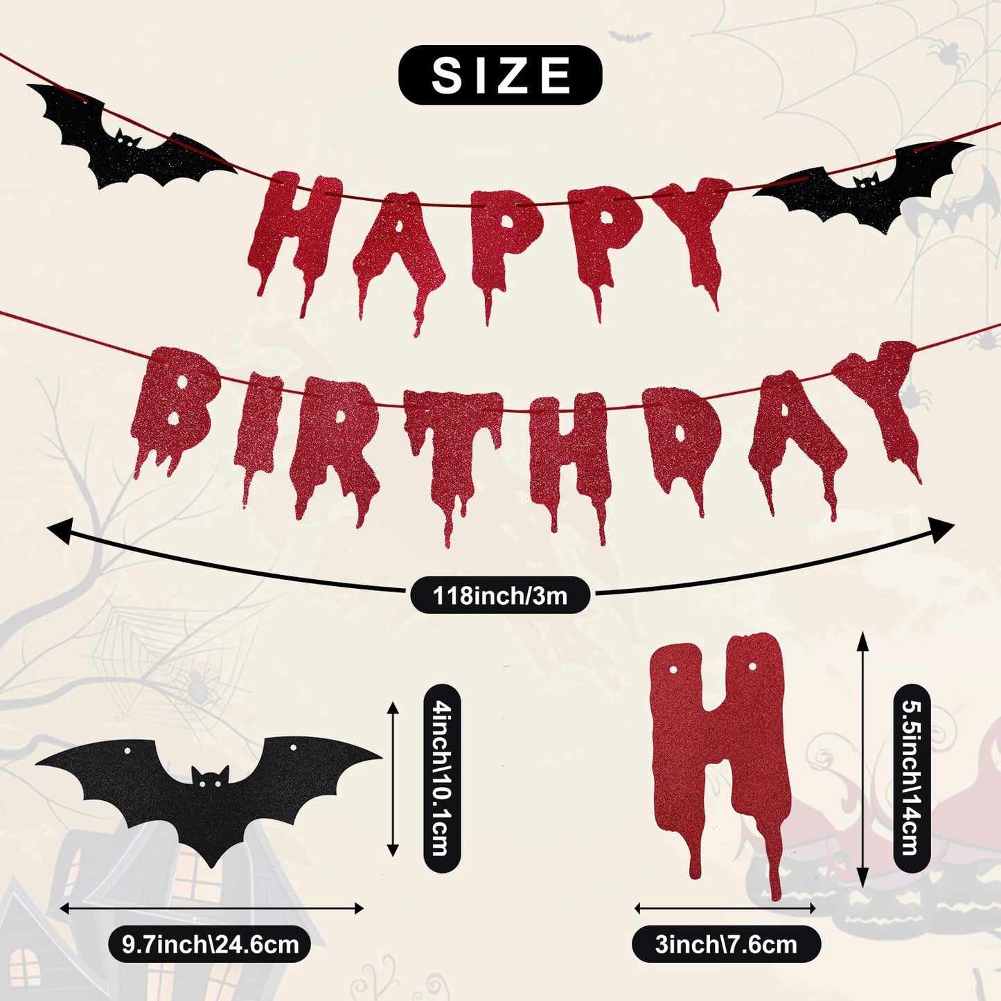 Red Glittery Happy Birthday Halloween Banner - Halloween Hanging Paper Garland Bunting Banner Bloody Bat Vampire Decorations, Photo Backdrop for Wall