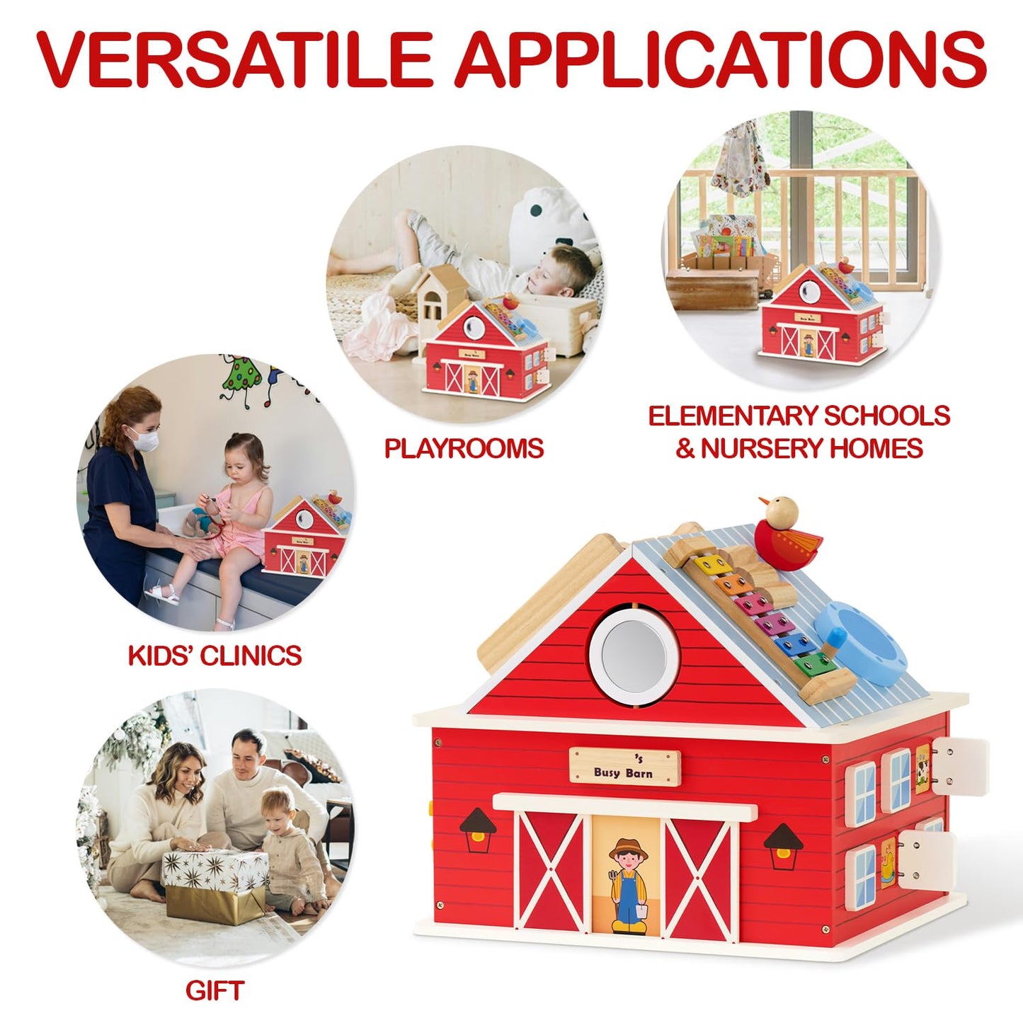 Monläurd® Wooden Activity Cube for Toddlers 1-3, Farm Barn Montessori Busy Board Toy, 12-in-1 Sensory Activity Center for Baby Fine Motor Skills