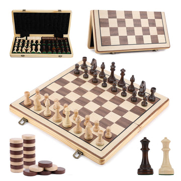 15 Inch Wooden Chess Set with Folding Board and Chess Piece Storage Slot, Handmade Portable Travel Chess Game Sets for Kids Adults Beginner and Pros