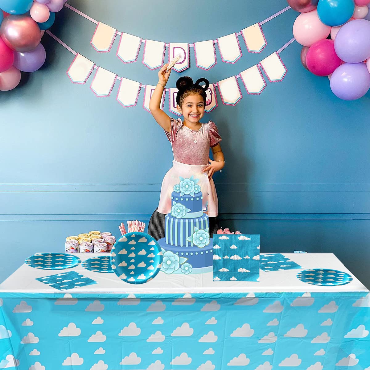Blue Sky White Clouds Birthday Party Supplies, 20 Plates and 20 Napkins and Tablecloth71 '' x 42.5 '', Blue Sky Cartoon Theme Birthday Party