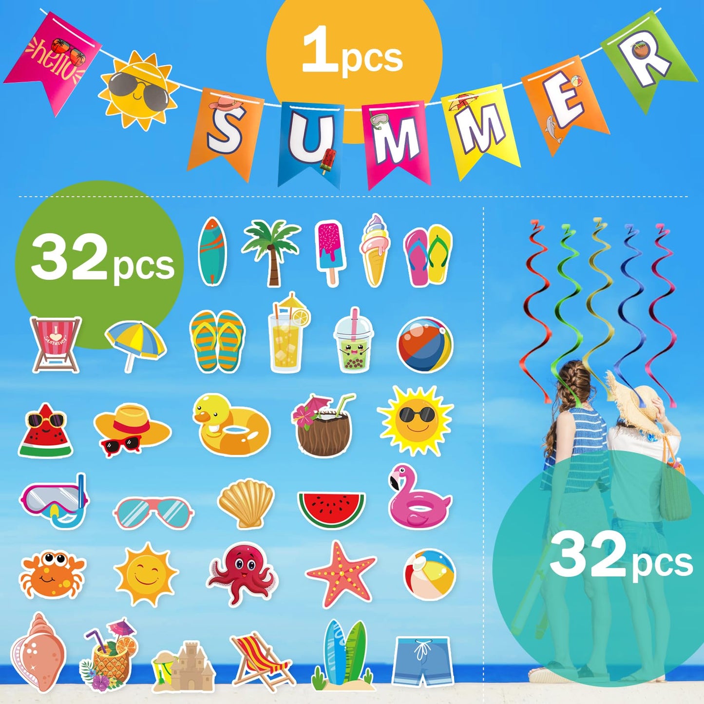 AUZRUI Summer Party Decorations - 65 Pieces Beach & Pool Party Supplies, Hello Summer Banner, Hanging Swirls, Streamers, and Beach Theme Decorations