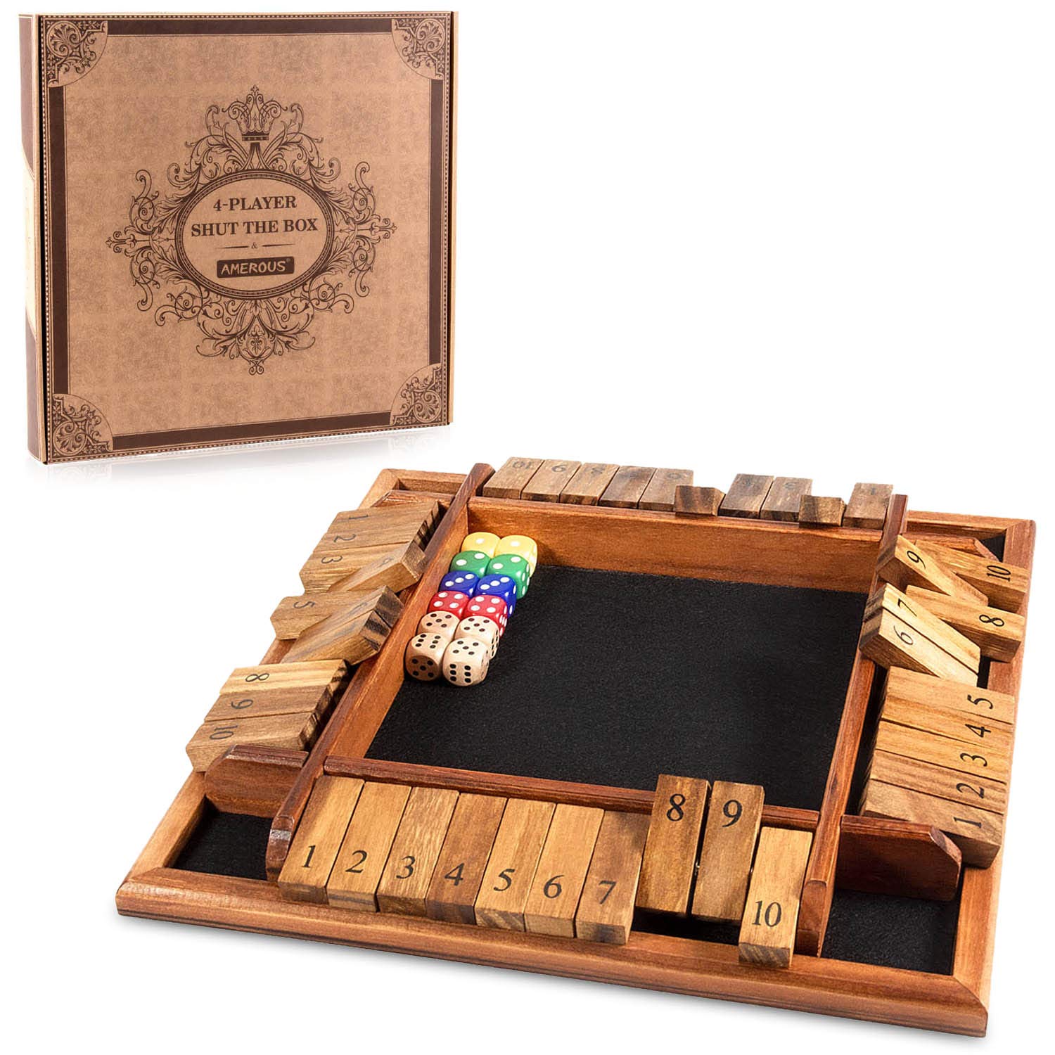 AMEROUS 1-4 Players Shut The Box Dice Game, Wooden Board Table Math Game with 12 Dice and Shut-The-Box Instructions for Kids Adults, Family Classroom