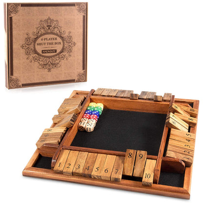 AMEROUS 1-4 Players Shut The Box Dice Game, Wooden Board Table Math Game with 12 Dice and Shut-The-Box Instructions for Kids Adults, Family Classroom