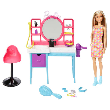 Barbie Doll & Hair Salon Playset with 15 Styling Accessories & Furniture, Long Color-Change Hair & Printed Dress