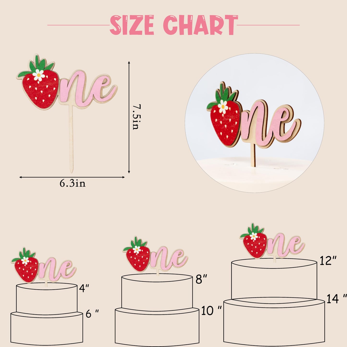 Strawberry One Wooden Cake Topper
