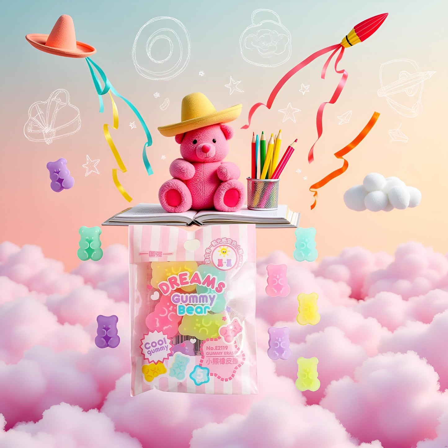 5Pcs Cute Erasers for Kids - Colorful Gummy Bear Cabochons, Erasers Animals, Interactive Eraser Pets, Cartoon Bear Pencil Erasers, Stationery Supplies