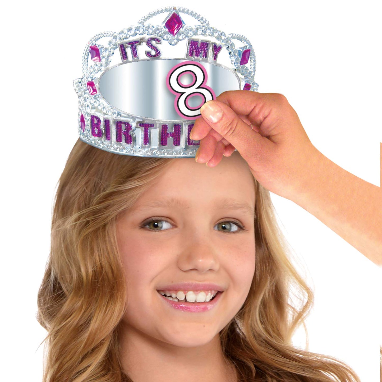 Pink & Silver Customizable Birthday Tiara - 3.5" x 5" (1 Pc.) - Festive Plastic Crowns For All Ages