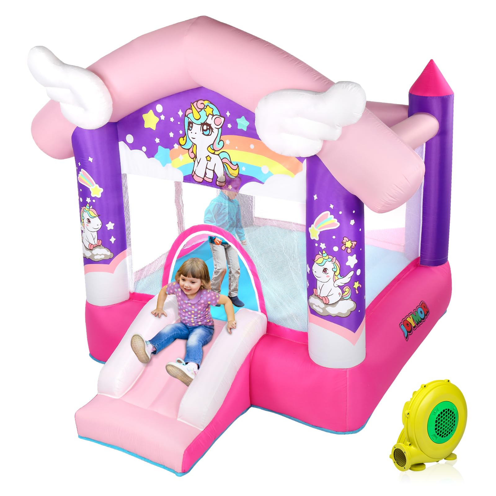JOYMOR Pink Inflatable Bounce House with Slide, Unicorn Theme Princess, for Girls Outdoor and Indoor Use, Pink Bounce House for Kids 3-6 (Blower