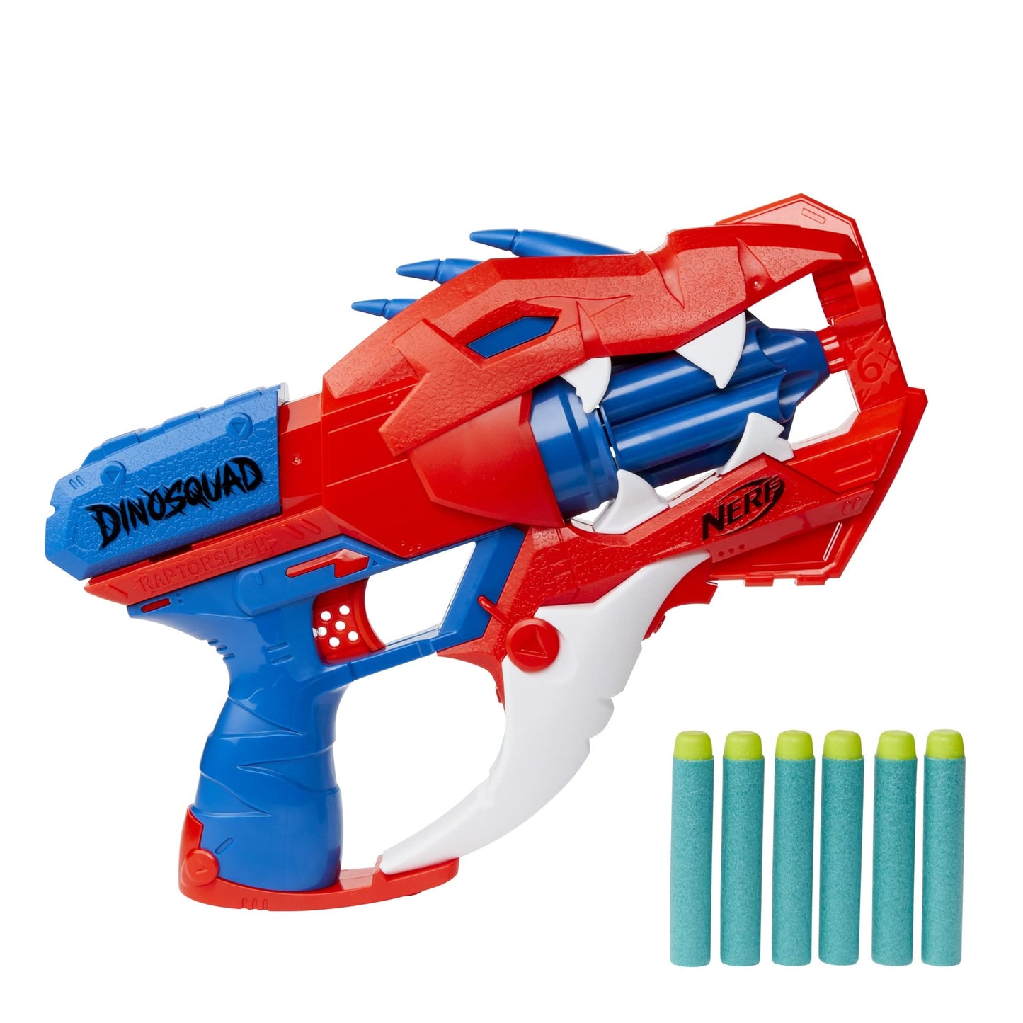 Nerf DinoSquad Raptor-Slash Blaster, 6-Dart Rotating Drum, Slam Fire, Velociraptor Dinosaur Design