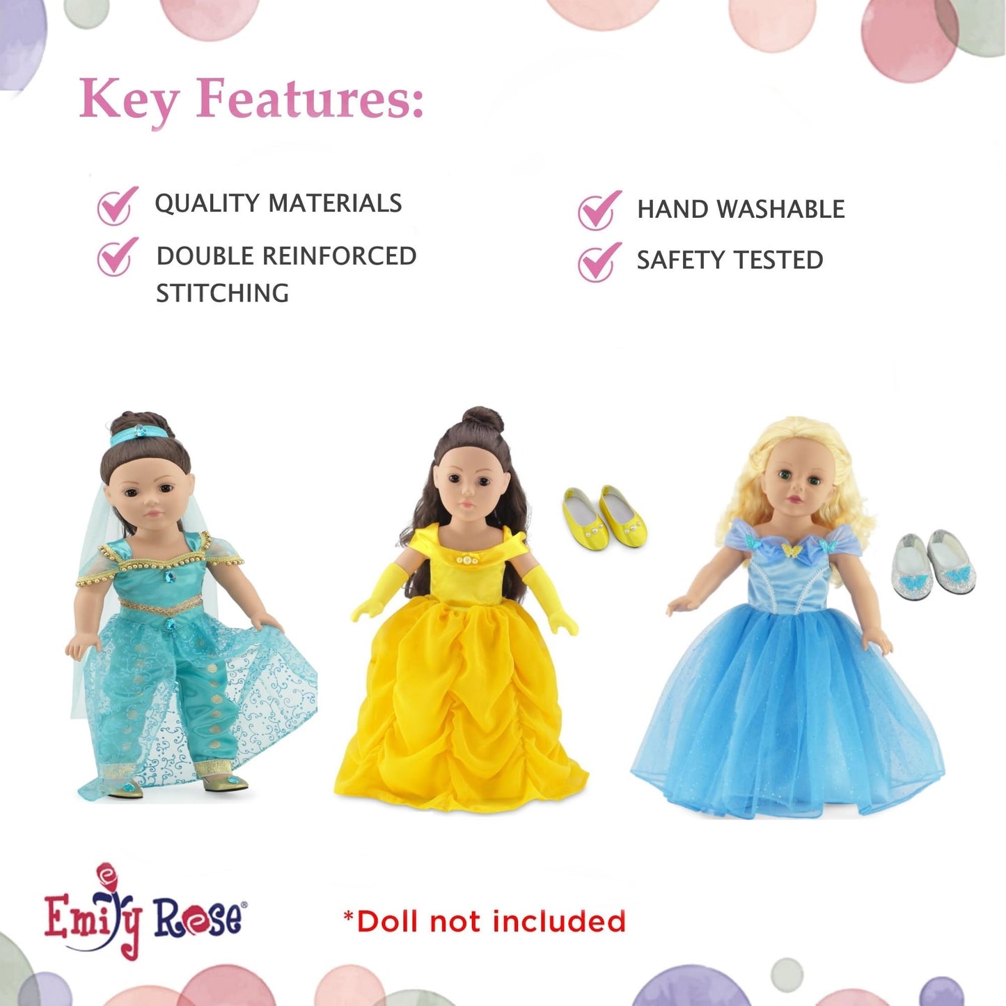 Emily Rose 14 Inch Doll Princess Clothes 9-PC Value Bundle | 3 Complete Outfits with Shoes | Compatible with American Girl and Our Generation Dolls |