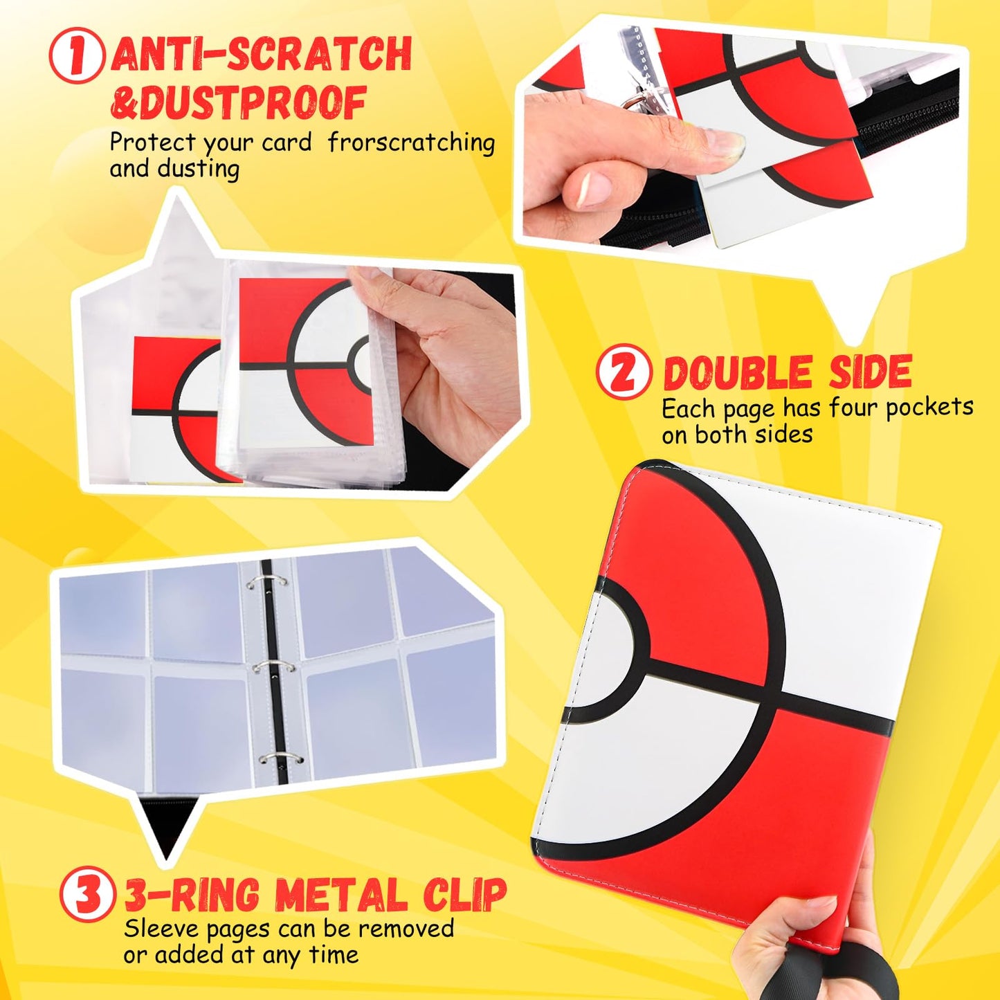 Card Binder 4 Pocket, Trading Card Holder Fits 400 Cards with 50 Removable Sleeves, Large Capacity & Waterproof Zipper Album Holder for Trading Card