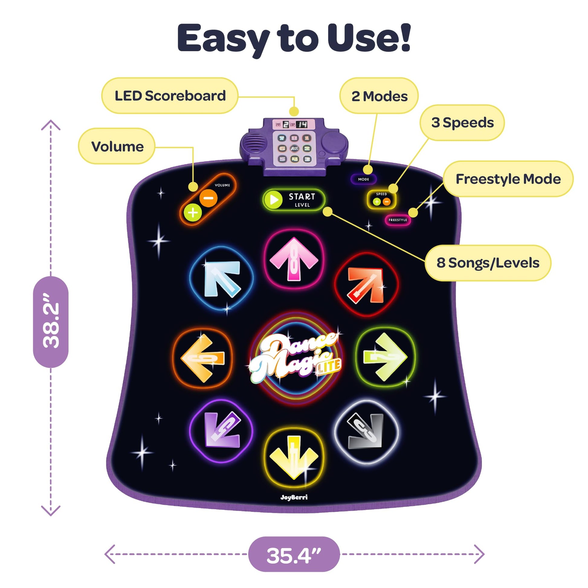 JOYBERRI Dance Mat - with 8 Levels & Songs, 3 Speeds and 2 Modes - Light Up Electronic Kids Dance Mat for Kids Ages 4-8, 8-12, Toddlers 3-5 / Dance