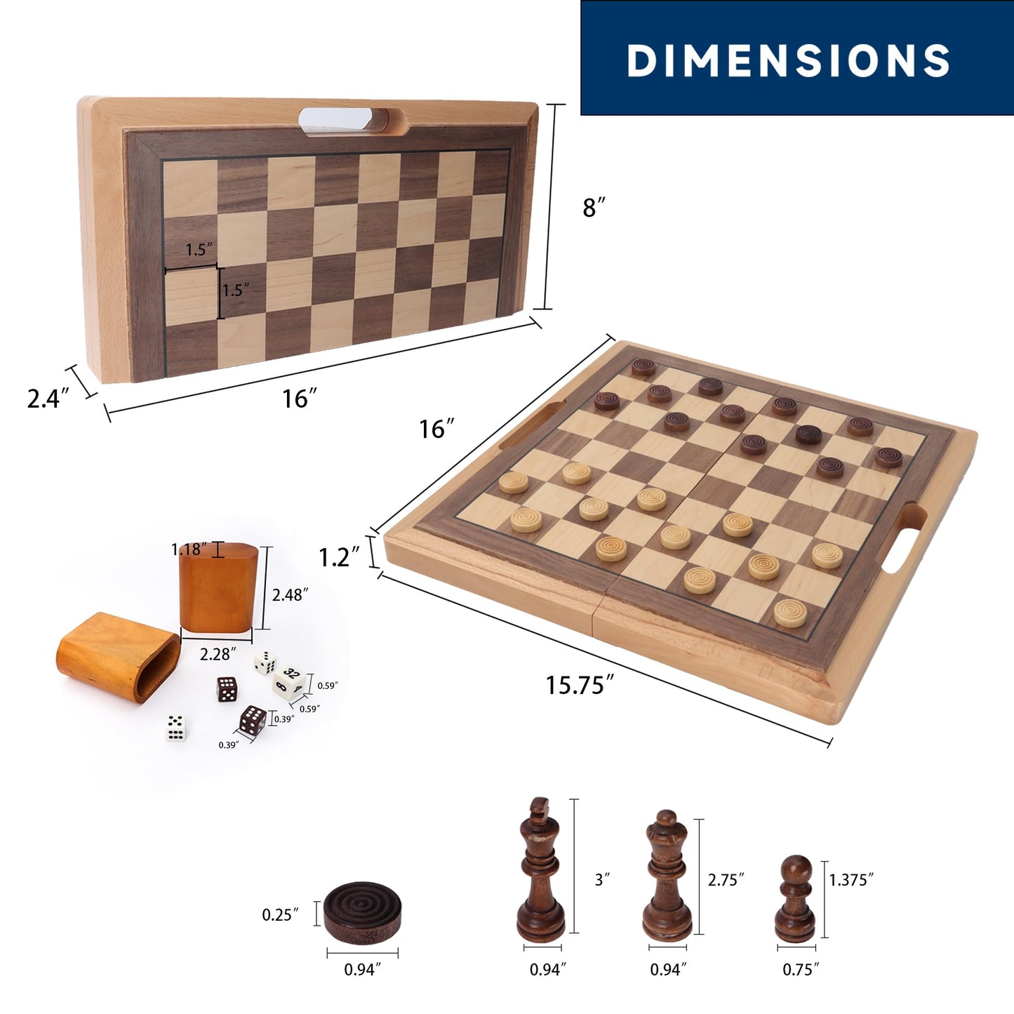 GSE Games & Sports Expert 16" Deluxe 3-in-1 Wooden Folding Chess, Checker & Backgammon Board Game Combo Set, Portable Travel Game Set for Kids
