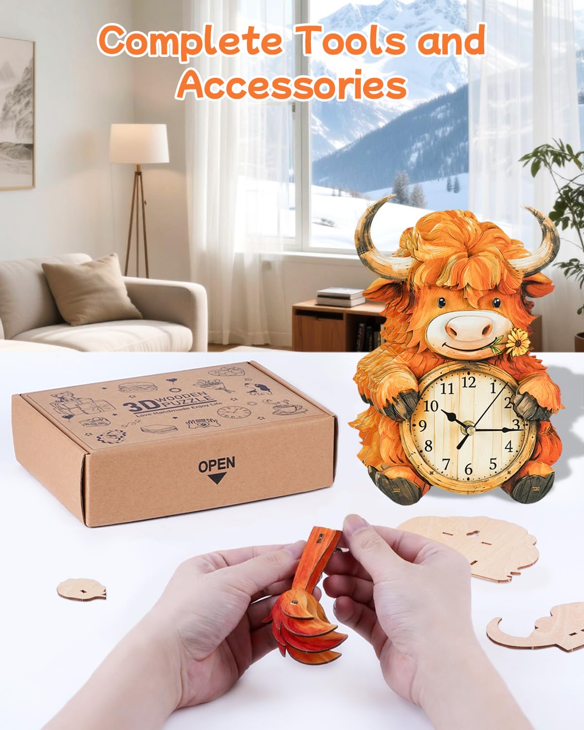 Rnfinewow 3D Puzzles for Adults, Highland Cow Clock Kit with Pendulum, 3D Wooden Puzzles Model Kit Home Decor DIY Wall Clock Highland Cow Puzzle